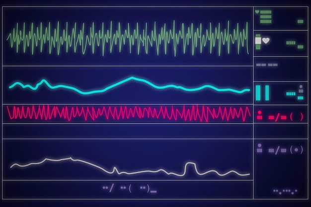 Monitor de paciente que muestra los signos vitales ECG y EKG. Ilustración vectorial.