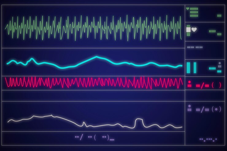 Foto monitor de paciente que muestra los signos vitales ecg y ekg. ilustración vectorial.