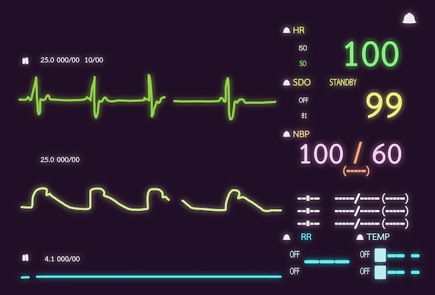 Monitor de paciente que muestra los signos vitales ECG y EKG. Ilustración vectorial.