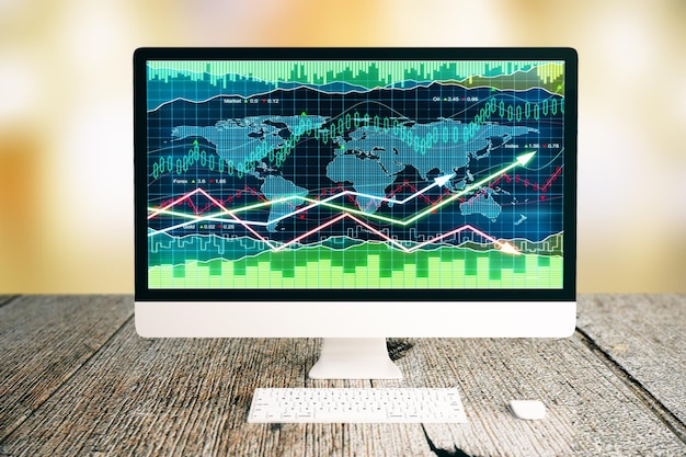 Monitor de PC con gráfico de divisas positivo colocado en un escritorio de madera Fondo claro borroso Representación 3D