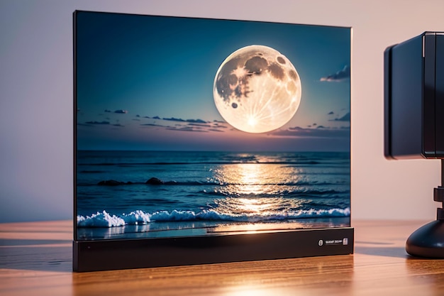 Un monitor Samsung con una luna llena en la pantalla.