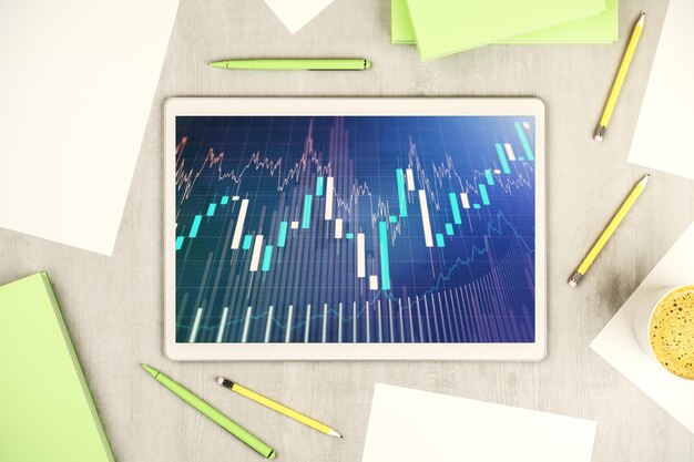 Monitor de tableta digital moderno con abstractos gráficos financieros creativos de investigación y concepto de estrategia Vista superior Renderización en 3D