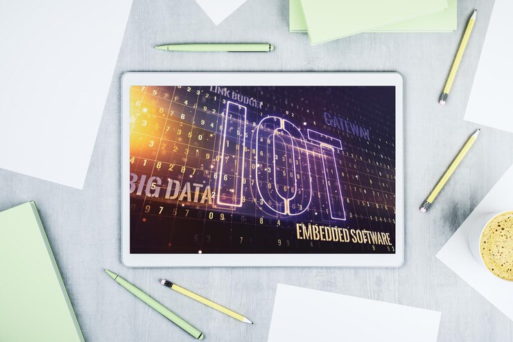 Foto monitor de tableta digital moderno con concepto creativo de investigación y desarrollo de hologramas iot vista superior renderización en 3d