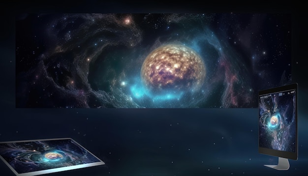 Monitor und Tablet im Vordergrund mit dem Hintergrund einer Himmelsgalaxie