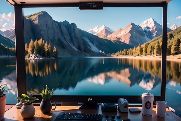 Foto un monitor con vistas a la montaña de fondo.