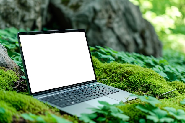 Foto monitore de portátil blanco en blanco sobre musgo forestal presentación del producto y concepto publicitario