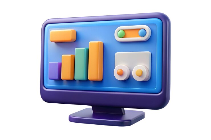 Foto monitoreo 3d brillante con tablero de control de tendencias de marketing en el concepto de visualización como una toma de ángulo medio de un brillante