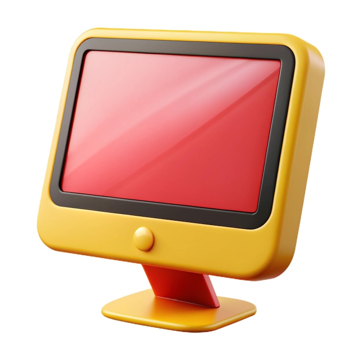Foto monitoreo de computadora amarillo de dibujos animados con pantalla roja en blanco