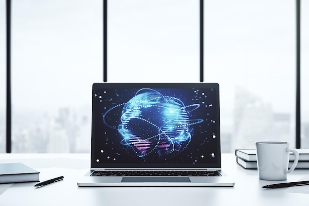 Monitoreo de computadora con gráfico abstracto mapa digital del mundo con conexiones concepto de globalización renderización 3D