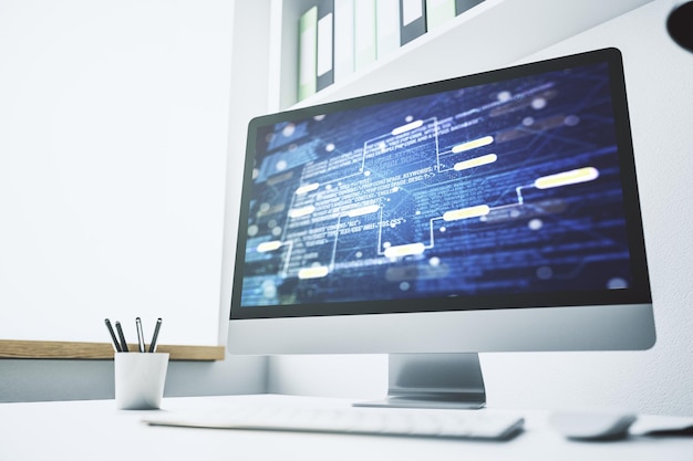 Monitoreo de computadora con ilustración de programación creativa abstracta big data y concepto de cadena de bloques Renderización en 3D