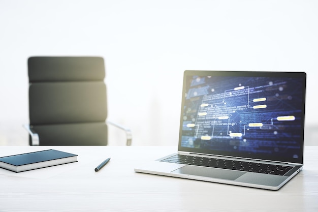Monitoreo de computadora con ilustración de programación creativa abstracta big data y concepto de cadena de bloques Renderización en 3D