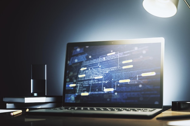 Monitoreo de computadora con ilustración de programación creativa abstracta big data y concepto de cadena de bloques Renderización en 3D