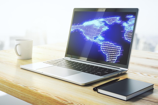 Monitoreo por computadora con mapa digital de América concepto de tecnología global Renderización 3D