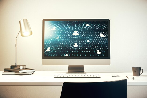 Monitoreo de computadora moderno con iconos de redes sociales concepto de marketing y promoción concepto de renderización 3D