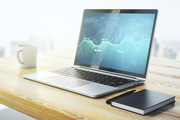 Monitoreo de computadora moderno con interfaz de holograma de datos estadísticos abstractos concepto de computación y análisis Renderización 3D