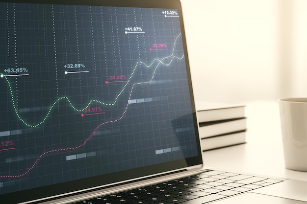 Monitoreo de computadora moderno con interfaz de holograma de datos estadísticos abstractos concepto de computación y análisis Renderización 3D