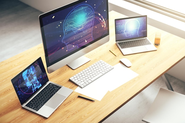 Monitoreo de computadora moderno con símbolo de inteligencia artificial creativa Redes neuronales y concepto de aprendizaje automático Renderización 3D