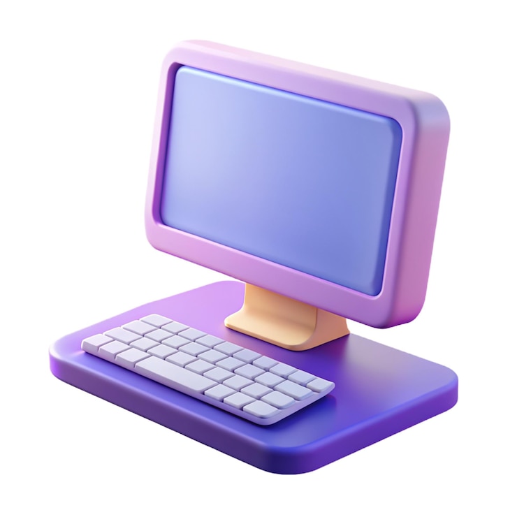Foto monitoreo de computadora moderno con teclado plantilla de pantalla de computadora de escritorio diseño realista de estilo de dibujos animados en 3d aislado en ilustración vectorial de fondo lila