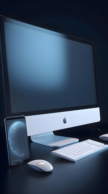 Foto monitoreo de computadora con teclado y ratón 3d renderizar el fondo de la computadora