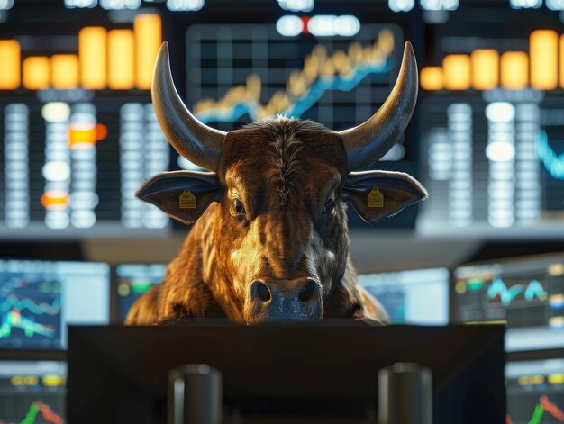 Foto monitoreo del mercado de valores de toro pantallas brillantes vista delantera de la oficina bestia financiera resolución de 8k