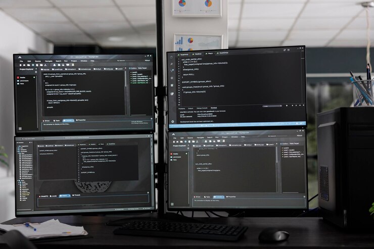 Foto monitores de computadora en el escritorio que compilan algoritmos de datos html de programación en una empresa de software vacía. servidores de red de base de datos computación en la nube en la sala de agencias de ti, lenguaje de script de código.