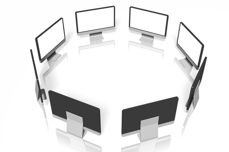 Foto monitores de computadora de pie en círculo ilustración 3d