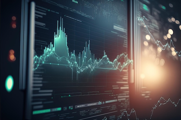 Monitores de pantalla de computadora con análisis de gráficos financieros estadísticos y estadísticas Generative Ai