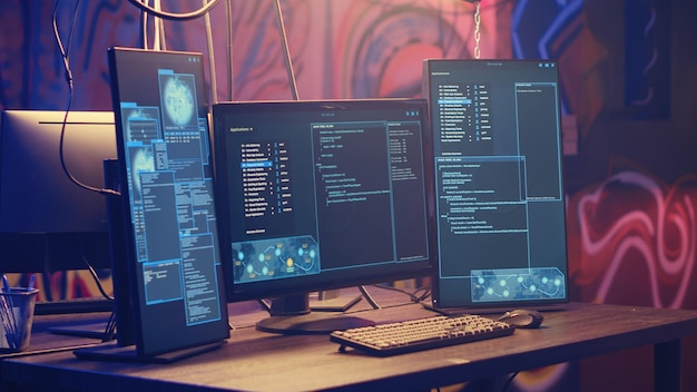 Monitores de PC en un almacén iluminado con neón