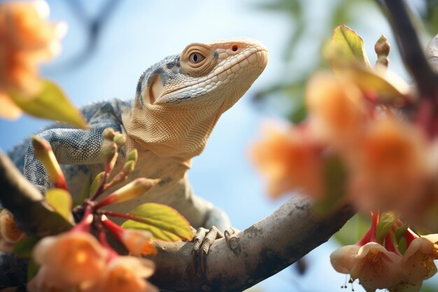 Foto monitorizar el lagarto que se sube a un árbol frutal en flor