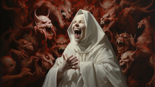 Foto monja en el infierno entre demonios y esqueletos