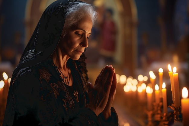 Una monja rezando en una iglesia con velas Luces limpias vestidos bonitos