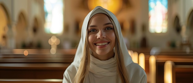 Foto una monja sentada en una iglesia blanca sonriendo y frente a una cámara