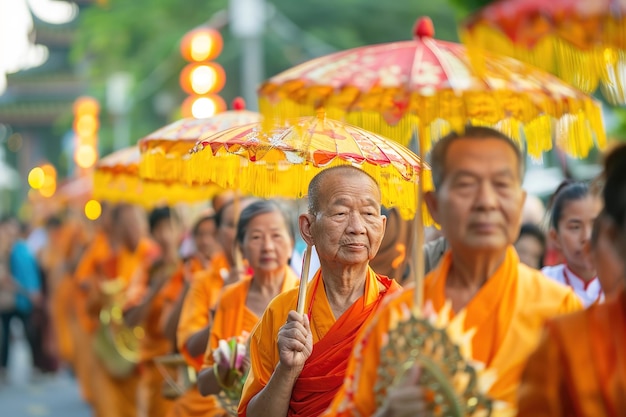 Un monje anciano con túnica naranja llevando artículos rituales durante una colorida procesión de Vesak