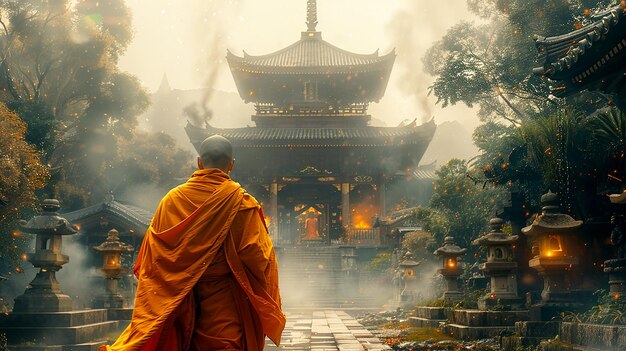 Un monje budista va al templo para la fiesta de Vesak en honor a Buda