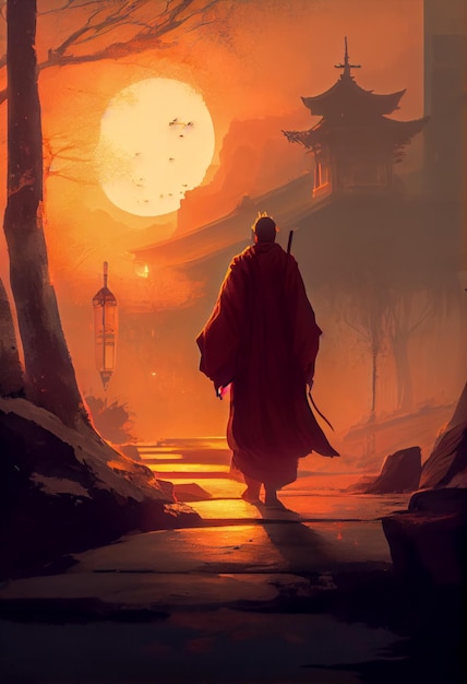 Monje budista caminando por sendero al atardecer Ia generativa