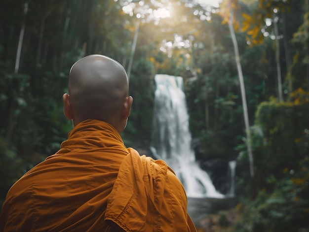 Un monje budista meditando cerca de una cascada durante una hermosa puesta o salida del sol