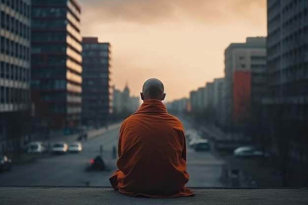 Monje budista que está meditando en una gran ciudad probablemente en medio del ajetreo y el bullicio de la vida urbana IA generativa