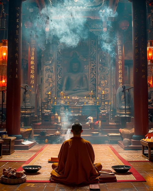 Un monje budista reza en un templo budista durante el festival de Vesak en honor a Buda