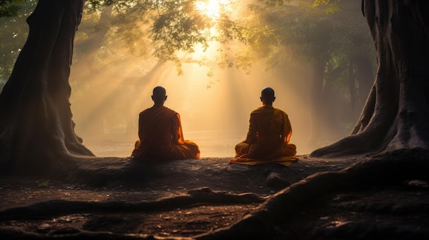 Monje budista sentado en la roca y mirando el amanecer