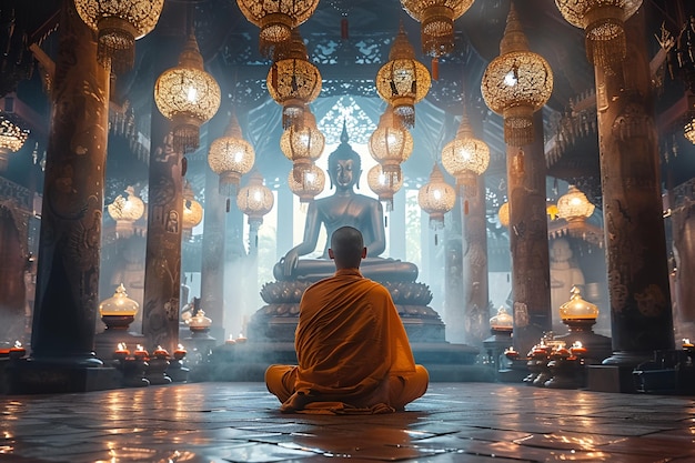 Un monje budista en un templo frente a una estatua de Buda