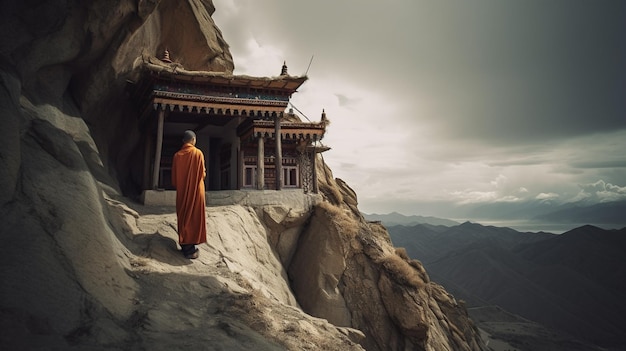 un monje se encuentra sobre un acantilado que domina un templo.