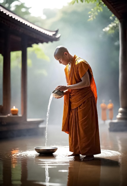un monje está de pie y realizando la ceremonia de verter agua en el día de vesak en un cuenco