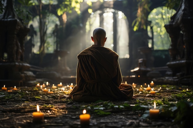 El monje medita en un claro sereno rodeado de naturaleza generativa IA