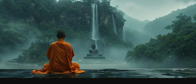Monje meditando ante estatuas de Buda y cascadas