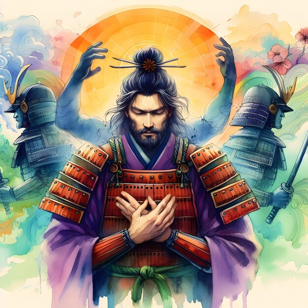 El monje samurai en armonía zen con sus emociones internas Ilustración de acuarela espiritual