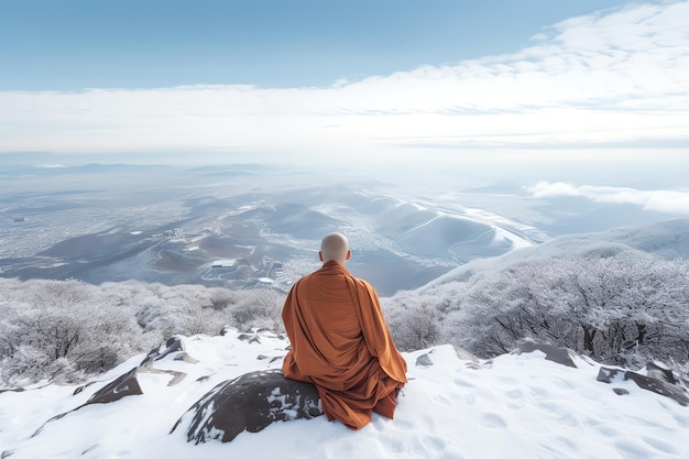 Un monje se sienta en la cima de una montaña mirando las montañas.