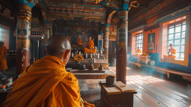 Foto un monje se sienta en un templo meditando está rodeado de hermosas estatuas y pinturas de buda el templo es pacífico y sereno