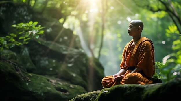 Foto monje tailandés meditando en el bosque verde capture ai generativo