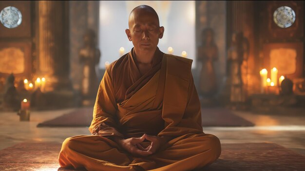 Foto monje tibetano en meditación posa en el entorno sagrado del templo con la iluminación de velas cálidas y espiritual