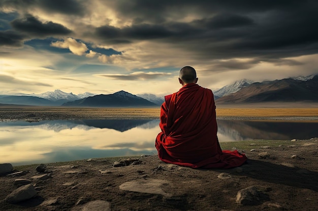 Foto monje tibetano meditando en la montaña